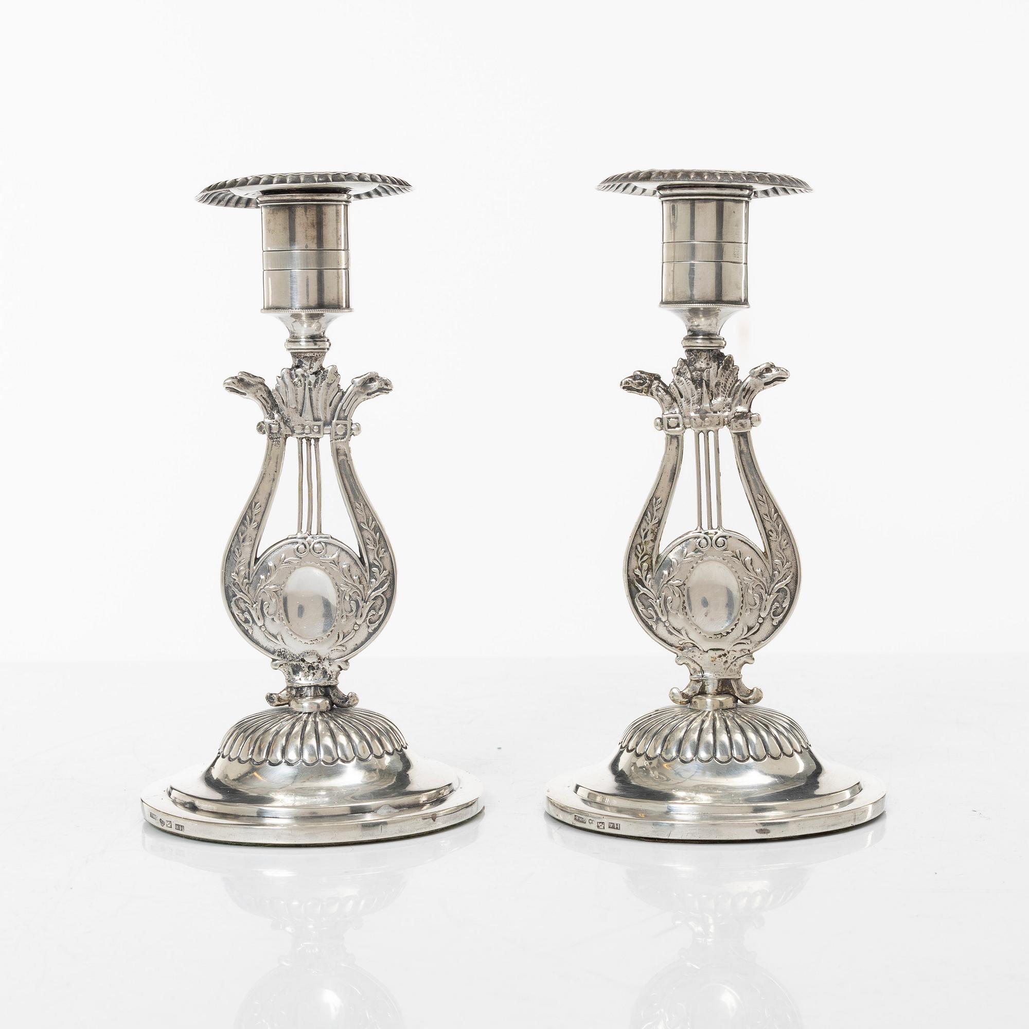 Empire, A pair of Swedish silver candlesticks, mark of Otto Wilhelm Kjellberg,  Västerås 1838.