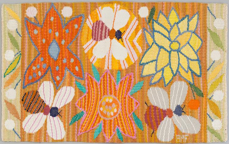 Ann-Mari Lindbom, gift Forsberg, A TEXTILE, "Bilöpare", a tapestry variant, ca 30,5 x 48,5 cm, signed AMF.