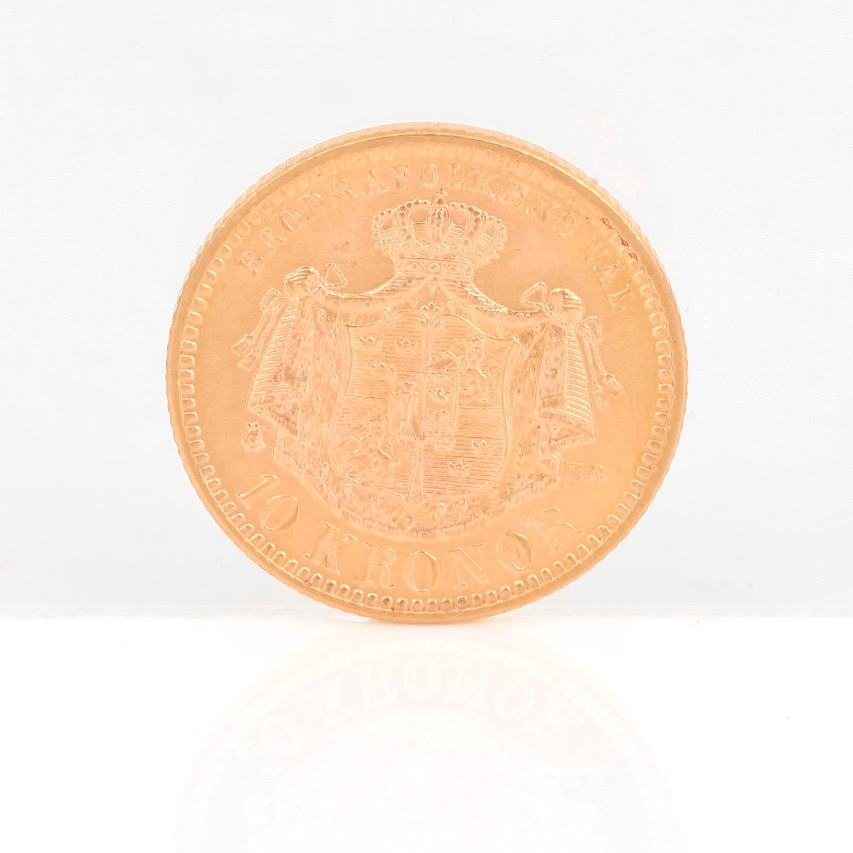 GULDMYNT, 10 kronor, Oscar II av Sverige och Norge 1901. Vikt ca 4,5 gram.