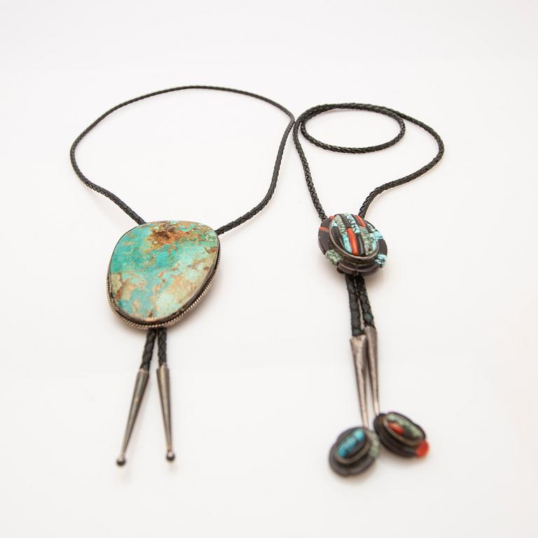 Cowboy ties, 2 pcs, sterling silver with turquoises and stones, and a necklace.