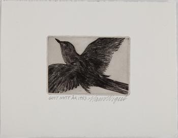 DRAWINGS AND HAND COLOURED ETCHINGS, 5 pcs, Hans Wigert and Lena Cronqvist.