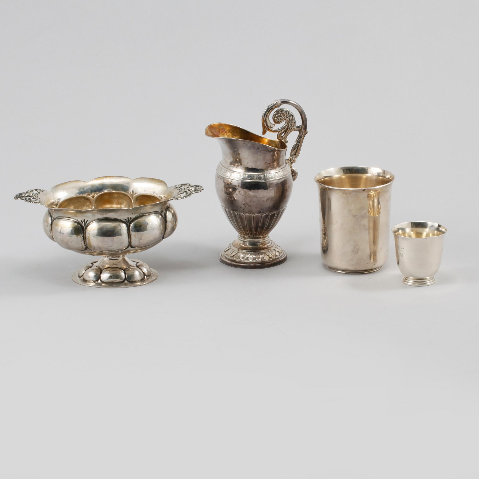 PARTI SILVER, 4 delar, Sverige samt svenska importstämplar, 1800- och 1900-tal, vikt 502 gram.