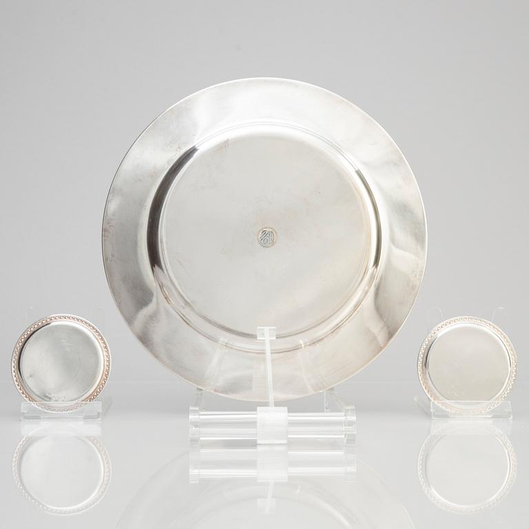 GAB, plate and two coasters, silver, Stockholm 1945-1965.
