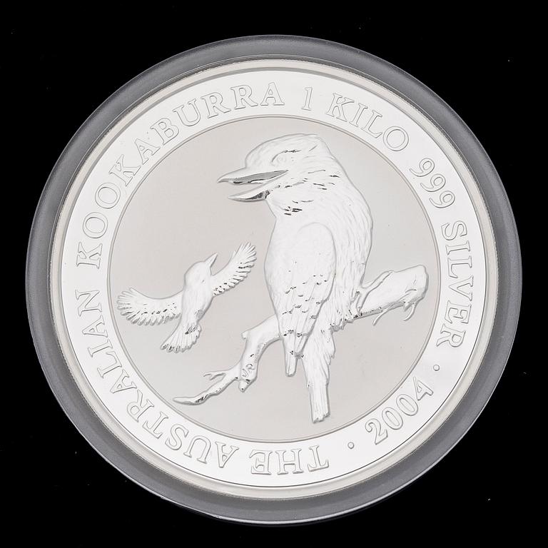 SILVERMYNT, 2004 1 kg Kookaburra-mynt, tillverkare Perth Mint, Australia, silverhalt 999.