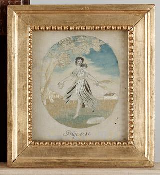 BRODERADE TAVLOR, 1 par, siden. 13 x 11 cm respektive 13 x 11,5 cm. Troligen Sverige, omkring 1800.
