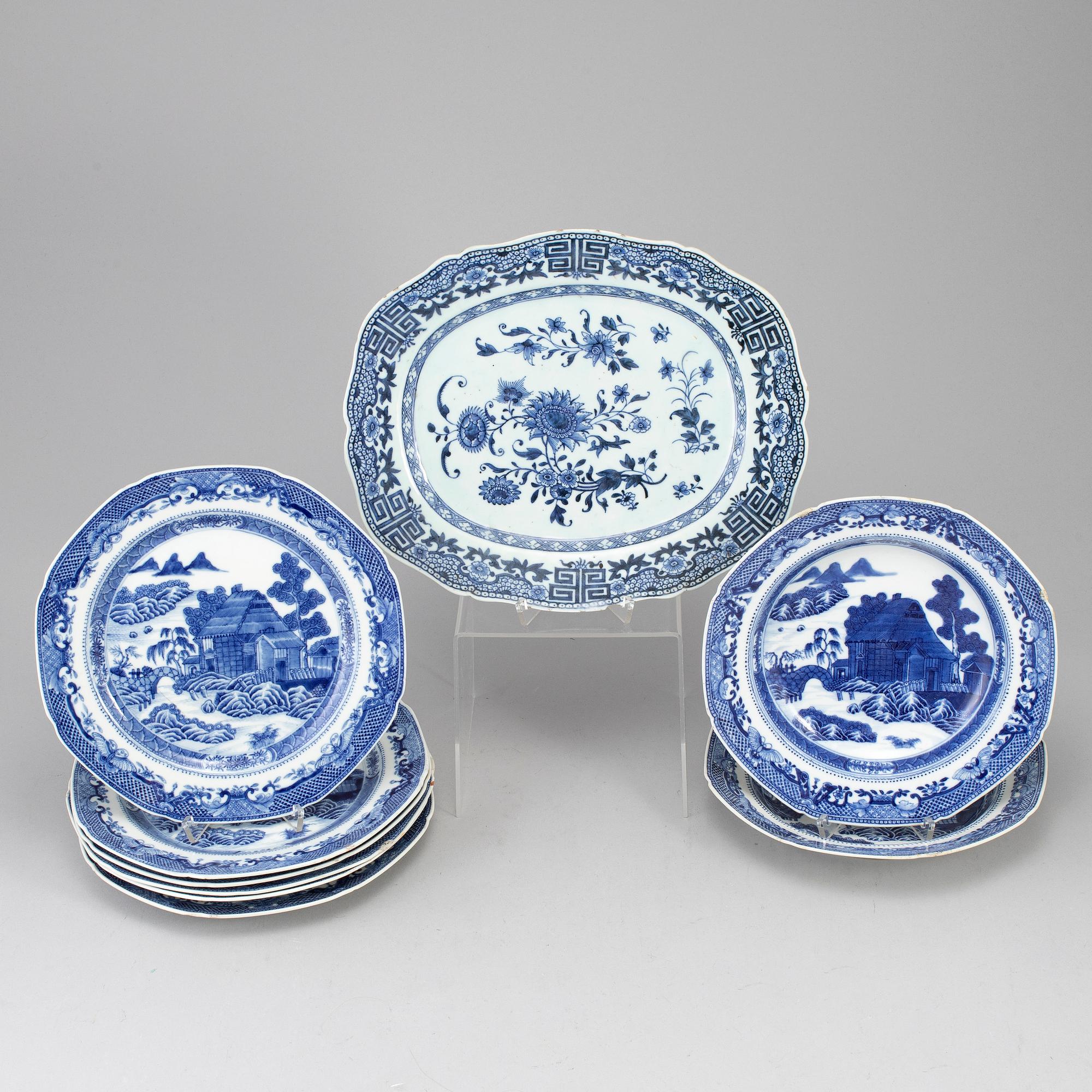 Nine blue and white export porcealin service dishes, Qing dynasty, Qianlong (1736-95).