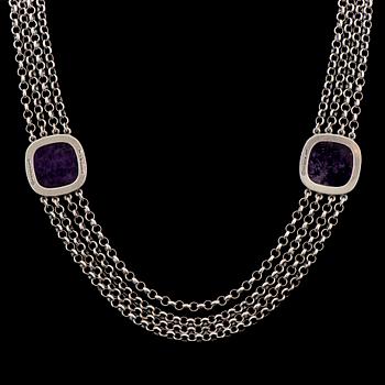 BÖRJE RAJALIN, NECKLACE and EARRINGS, amethysts, silver. Kalevala Koru 1989.