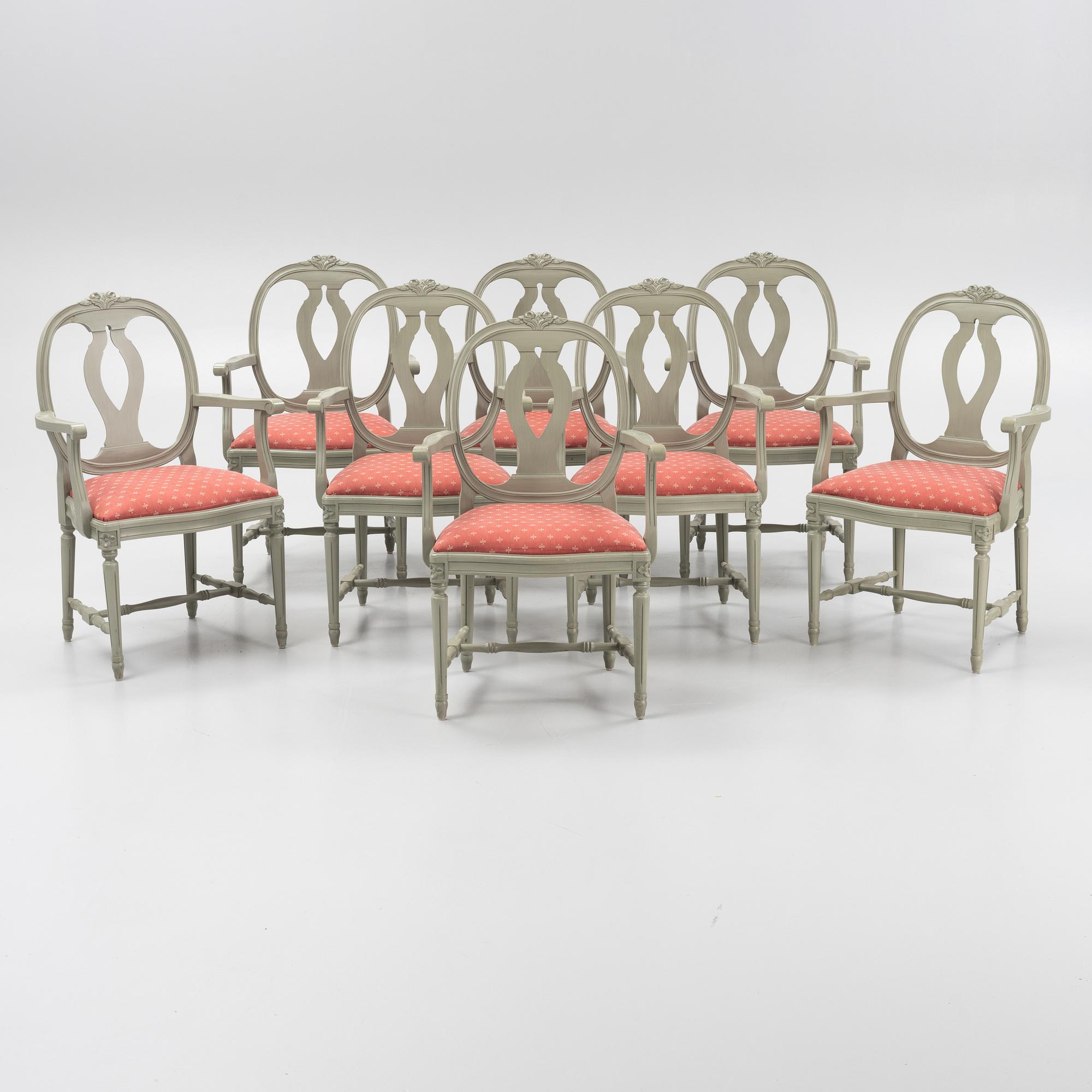 Karmstolar, 8 st, gustaviansk stil, "Gamla Sverige", Åmells möbler, 1900-talets senare del.