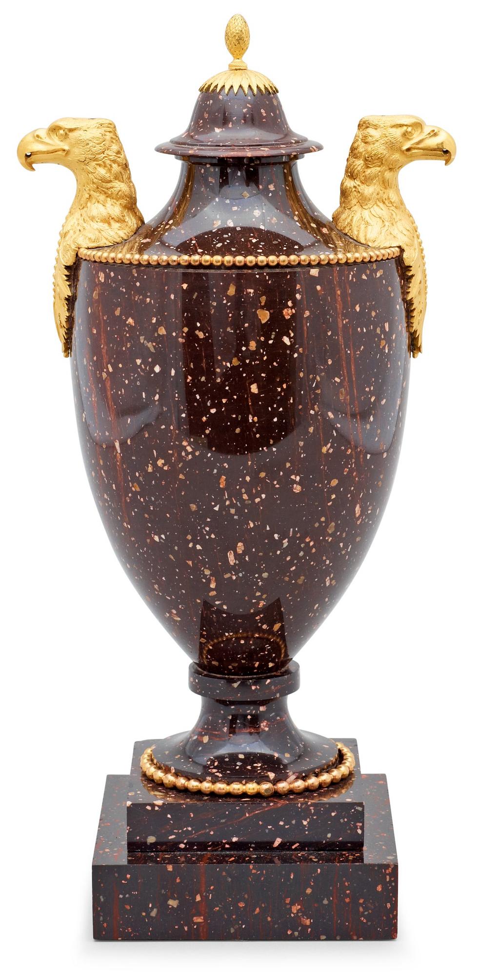 A Swedish late Gustavian 19th Century porphyry and gilt bronze urn.
