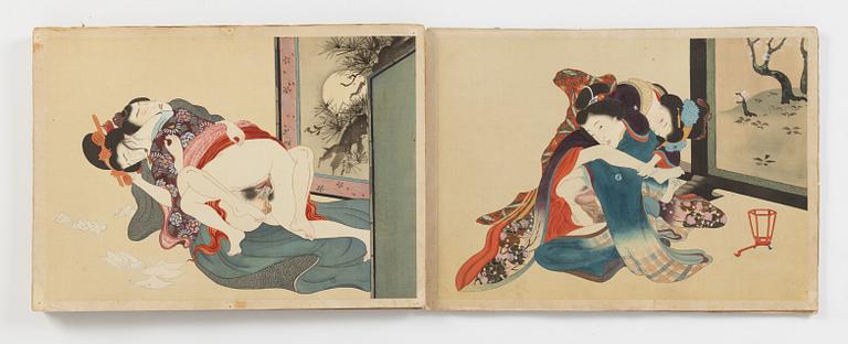 Konstnär från Utagawaskolan, Shunga album, Japan, sen Edo (1603 - 1868) eller Meiji (1868-1912). 14 målningar på siden.