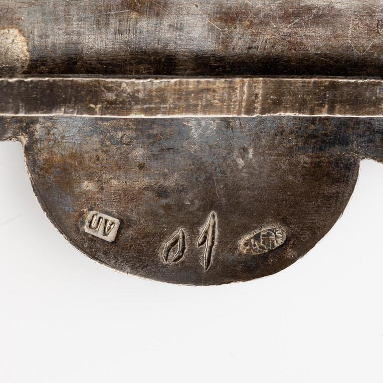 Costume jewellery and a kovsh, silver, three pieces, Russia.
