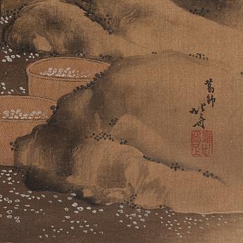 KATSUSHIKA HOKUSAI (1760–1849), efter, färgträsnitt på textil. Japan, "Shell Gathering", 1900-tal.