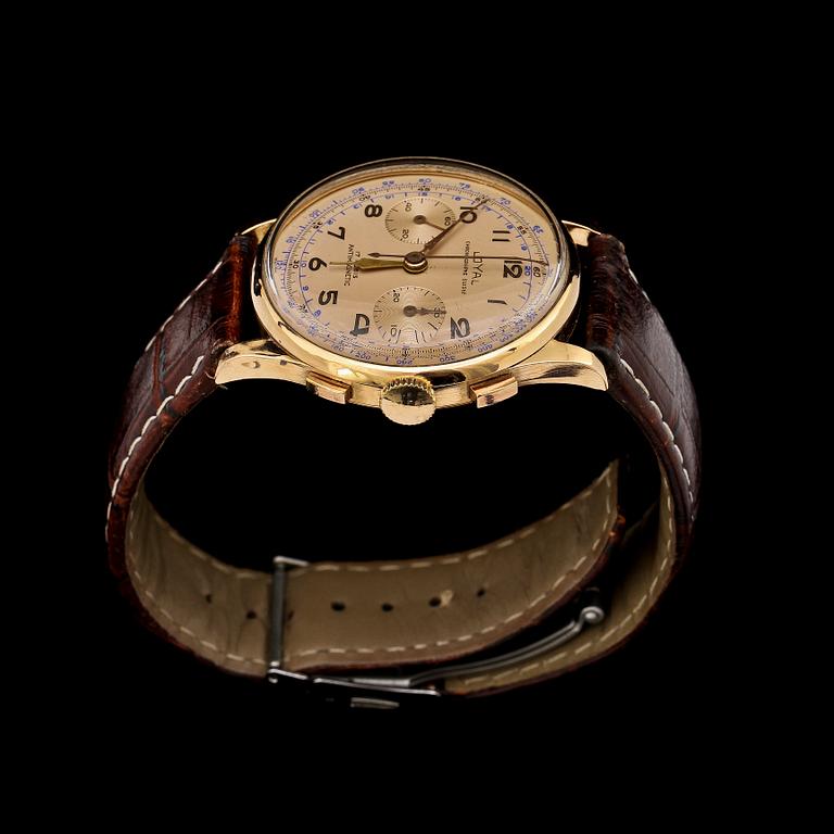 HERRARMBANDSUR, guld 18k Loyal, Chronographe Suisse, 1900-talets andra hälft.