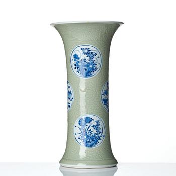 A Chinese blue and white celadon-ground beaker vase, Qing dynasty, Kangxi (1662-1722).