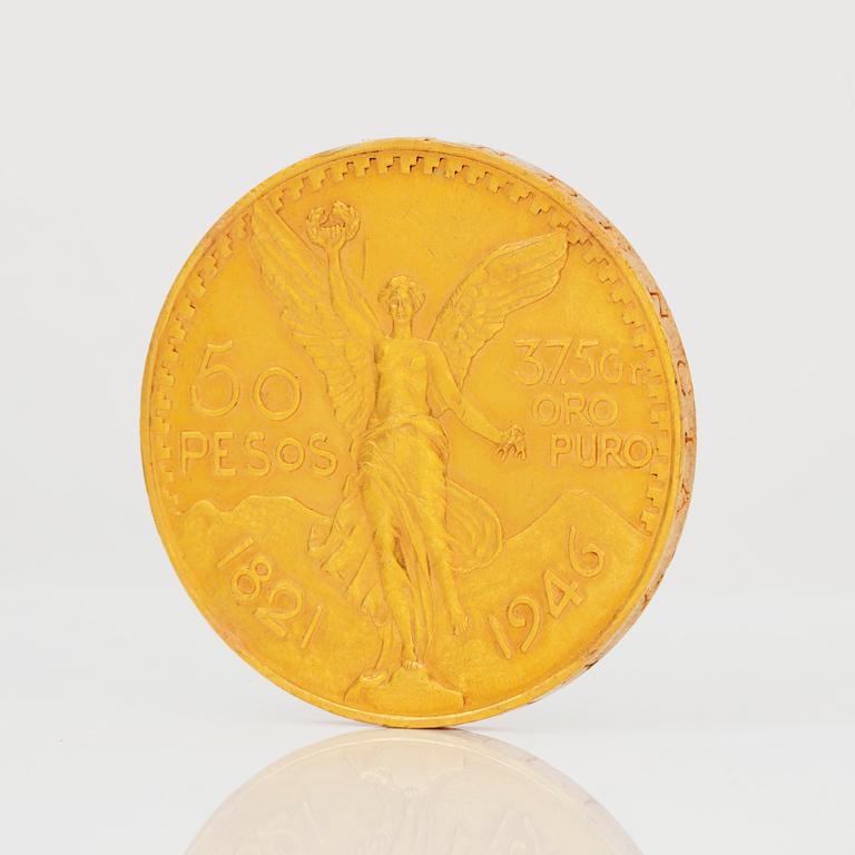 GULDMYNT, 50 Pesos Estados Unidos Mexicanos, Oro Puro. 21k, vikt ca 41 g.
