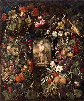 308. Ottmar Elliger Tillskriven, Stilleben med exotiska frukter, blommor och insekter kring en nisch med en stående putti.