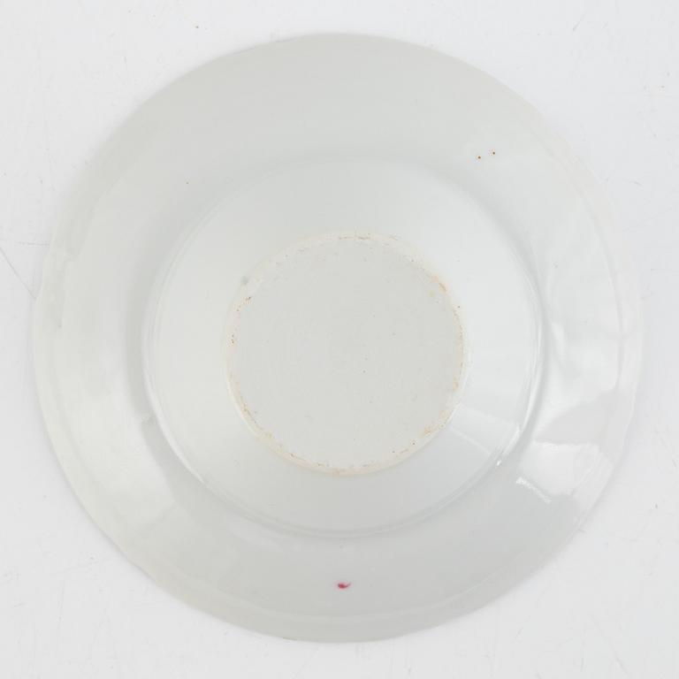 A group of three Chinese enamelled porcelain cups with covers and stands, three small dishes, 20th century.
