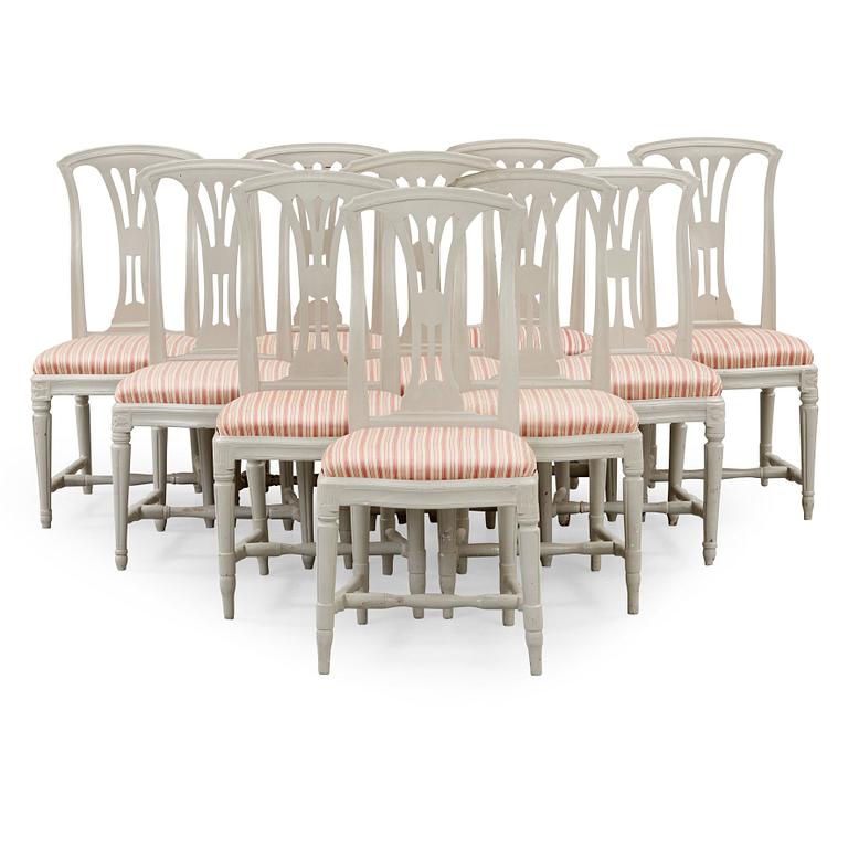 Ten matched Gustavian late 18th century chairs.