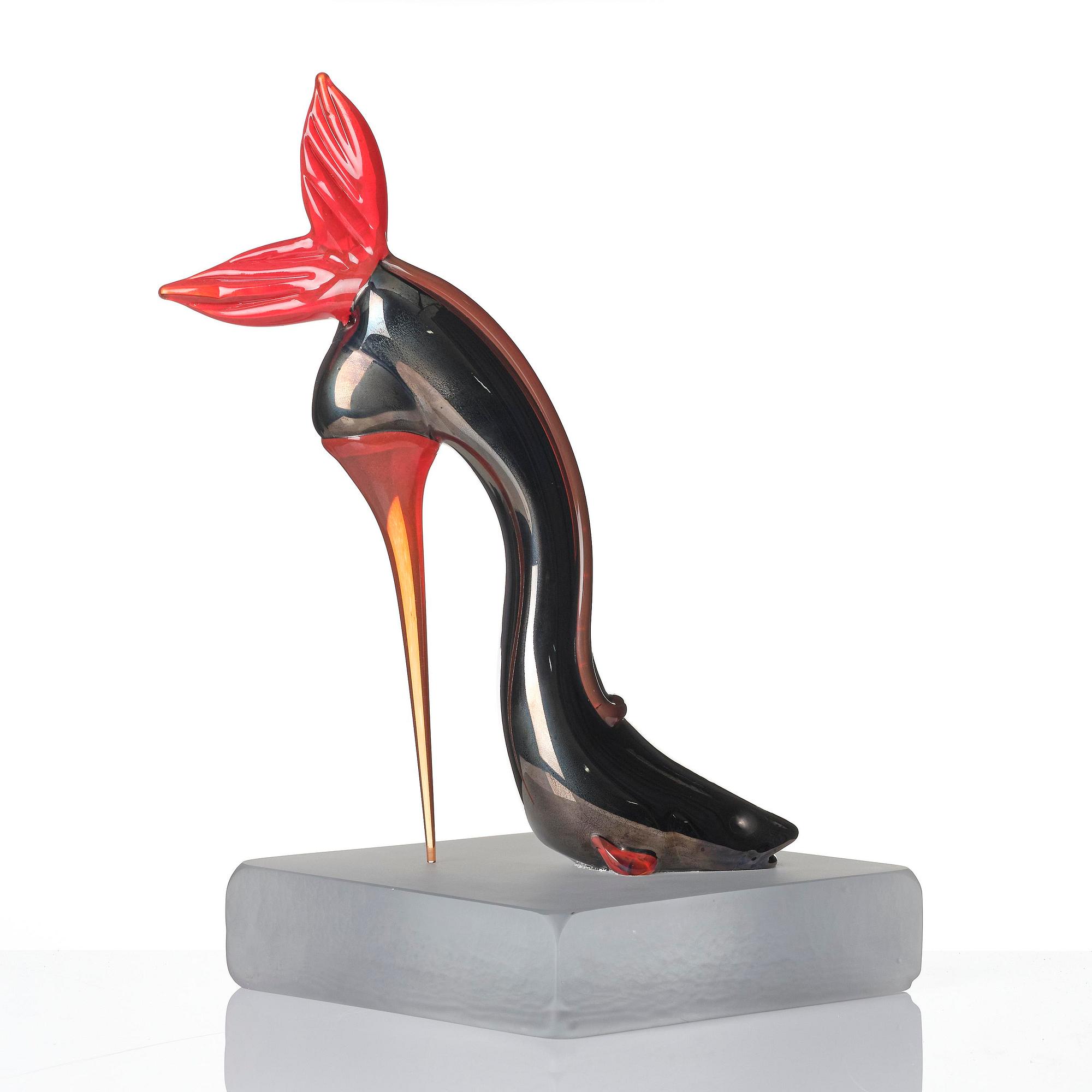 Kjell Engman, a unique glass sculpture, a high-heeled shoe in the shape of a fish, Kosta Boda.