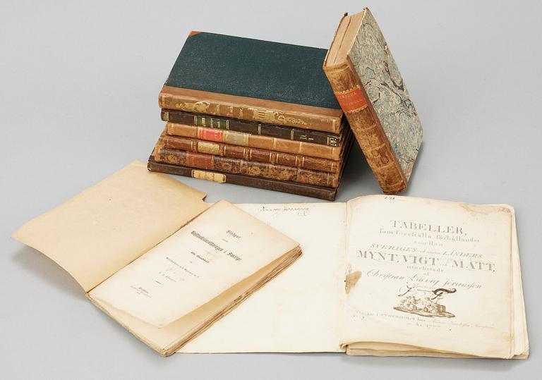 BOKPARTI, 11 vol, mest om ekonomi och hushållning, bla "Berättelse om Kolnings-försök åren 1811...." av CD af Uhr, Stockholm 1814.