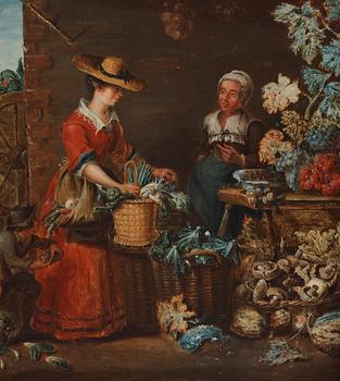 Pieter Angellis Attributed to, Market scenes after Frans Snyders; ”Der Obstmarkt”, ”Der Gemüsemarkt”, ”Der Wildbrethändler”, ”Der Fischmarkt”.