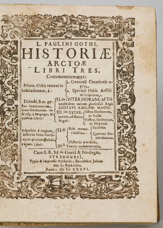 BOK, "Historiae Arctoae..." av Laurentius Paulinus Gothus, Strängnäs 1636.
