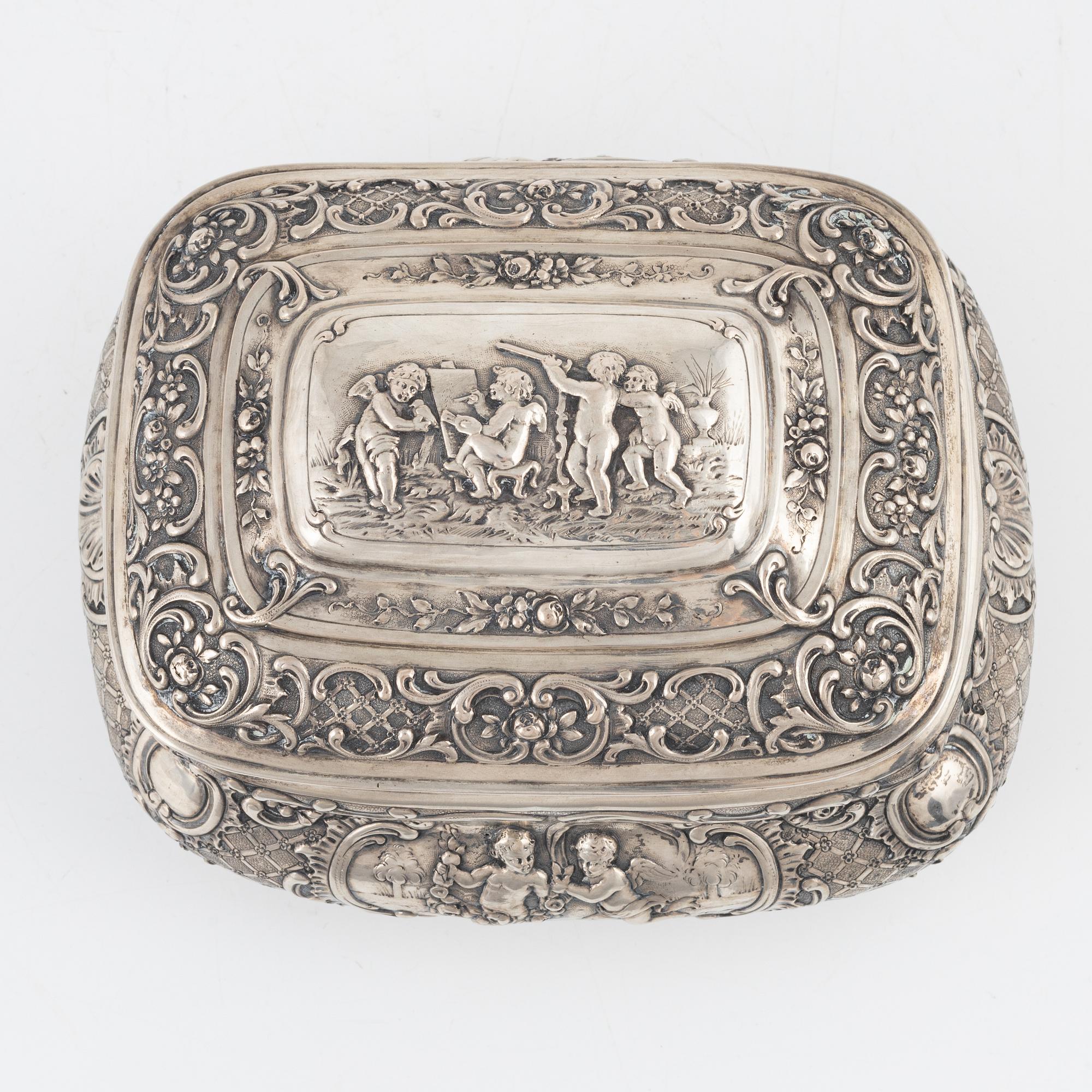 A German Silver 800 Rococo-Style Sugar Box, circa 1900.