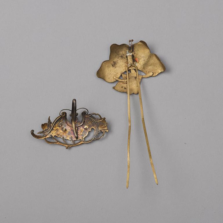 Two King Fisher feather hair decorations, Qing dynasty, 19th Century.