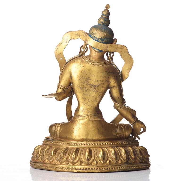 A gilt copper alloy figure of Boddhisattva, Tibeto-chinese, 18th Century, marked Da Qing Qianlong Nian jingzao.