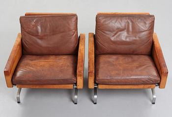 Poul Kjaerholm, A pair of Poul Kjaerholm 'PK-31' steel and brown leather easy chairs, by E old Christensen, Denmark 1960's.