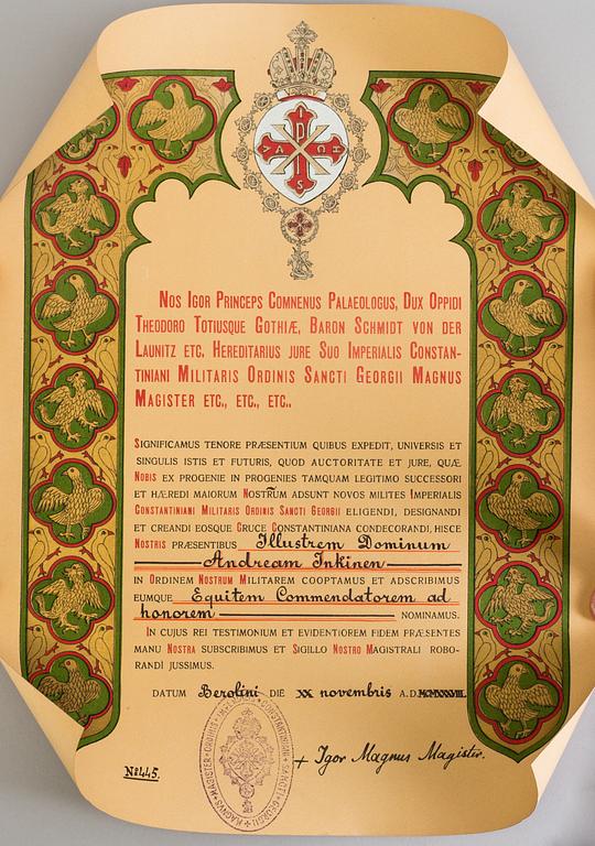 THE SACRED MILITARY CONSTANTINIAN ORDER OF SAINT GEORGE 4 orders 20th century.