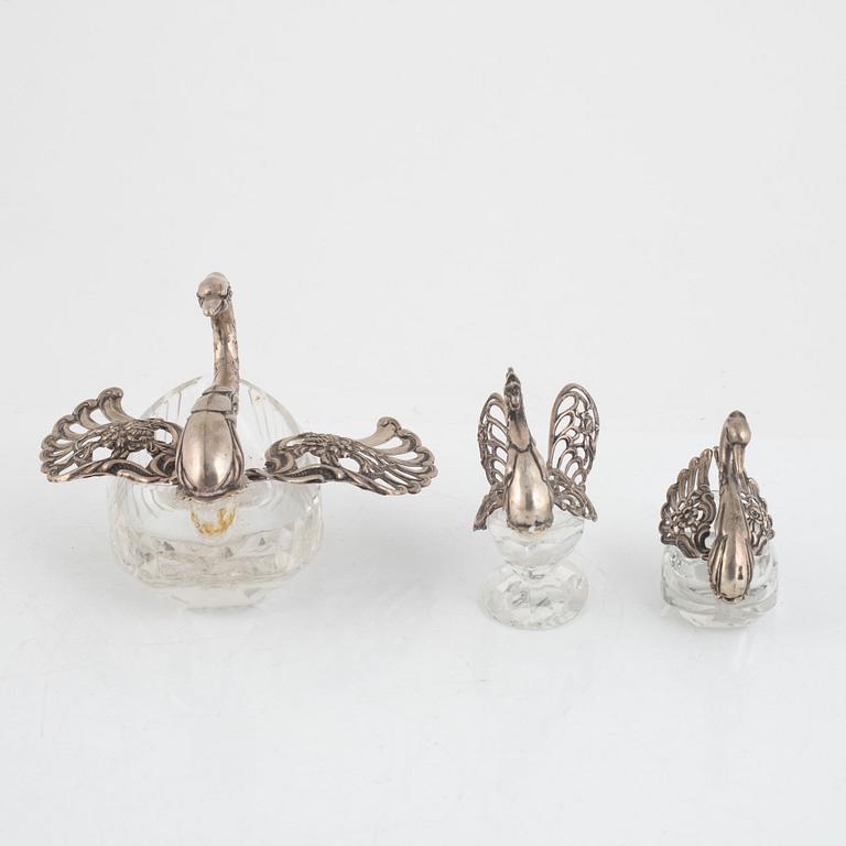 Salt cellar/table accessory, silver and glass, three pieces, mid-20th century.