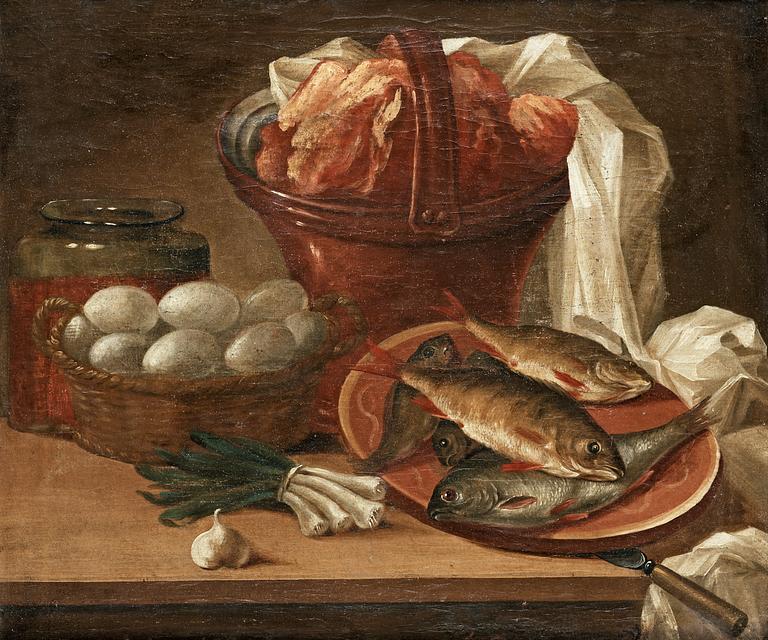 Nicolas Henry Jeaurat de Bertry Hans krets, Stilleben med fisk, ägg grönsaker och kött.