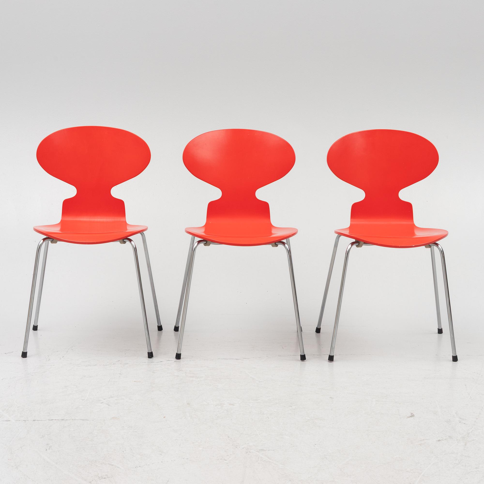 Arne Jacobsen, three 'Ant' chairs, Fritz Hansen, Denmark, 1989.