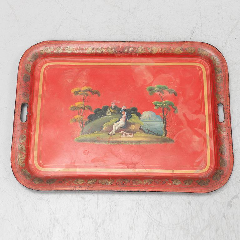 A painted 19th Century tin tray with later stand.