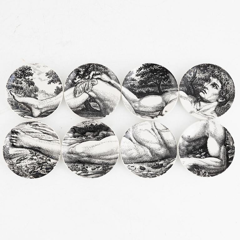 Piero Fornasetti, glasunderlägg, 8 st, "Adamo ed Eva",flintgods, Milano, Italien, 1965.