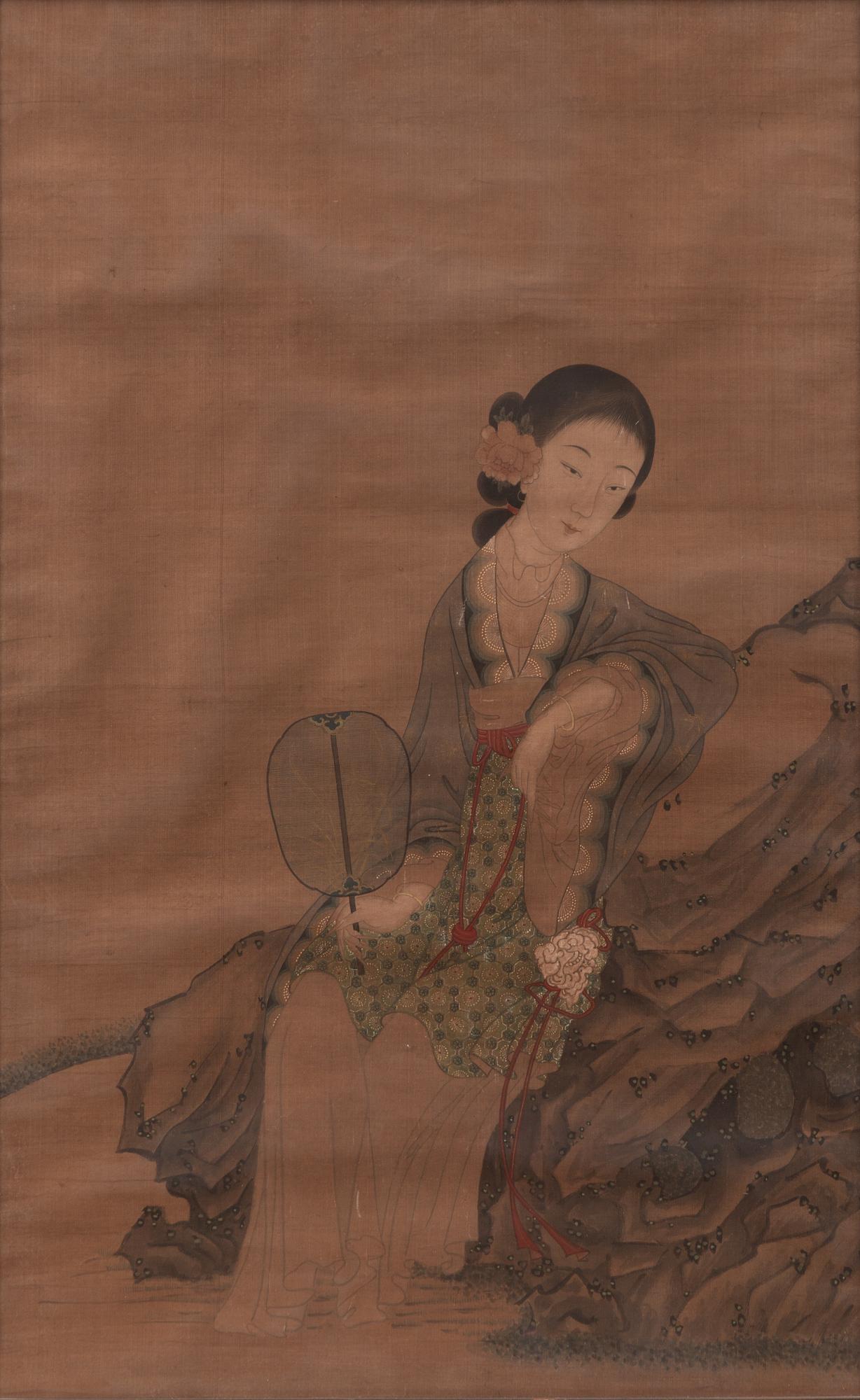 Oidentifierad konstnär, Elegant dam med fläkta, omkring 1900.