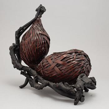 A double gourd shaped Hanakag 'Ikebana' bamboo basket for flower arrangement with stand, first half of the 20th century.