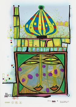 Friedensreich Hundertwasser, photo lithograph and silk screen with metal embossing, 1984. Signed and numbered 6352/10002.