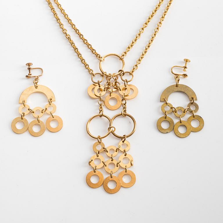 Siv Lagerström necklace and a pair of earrings, gilded brass.