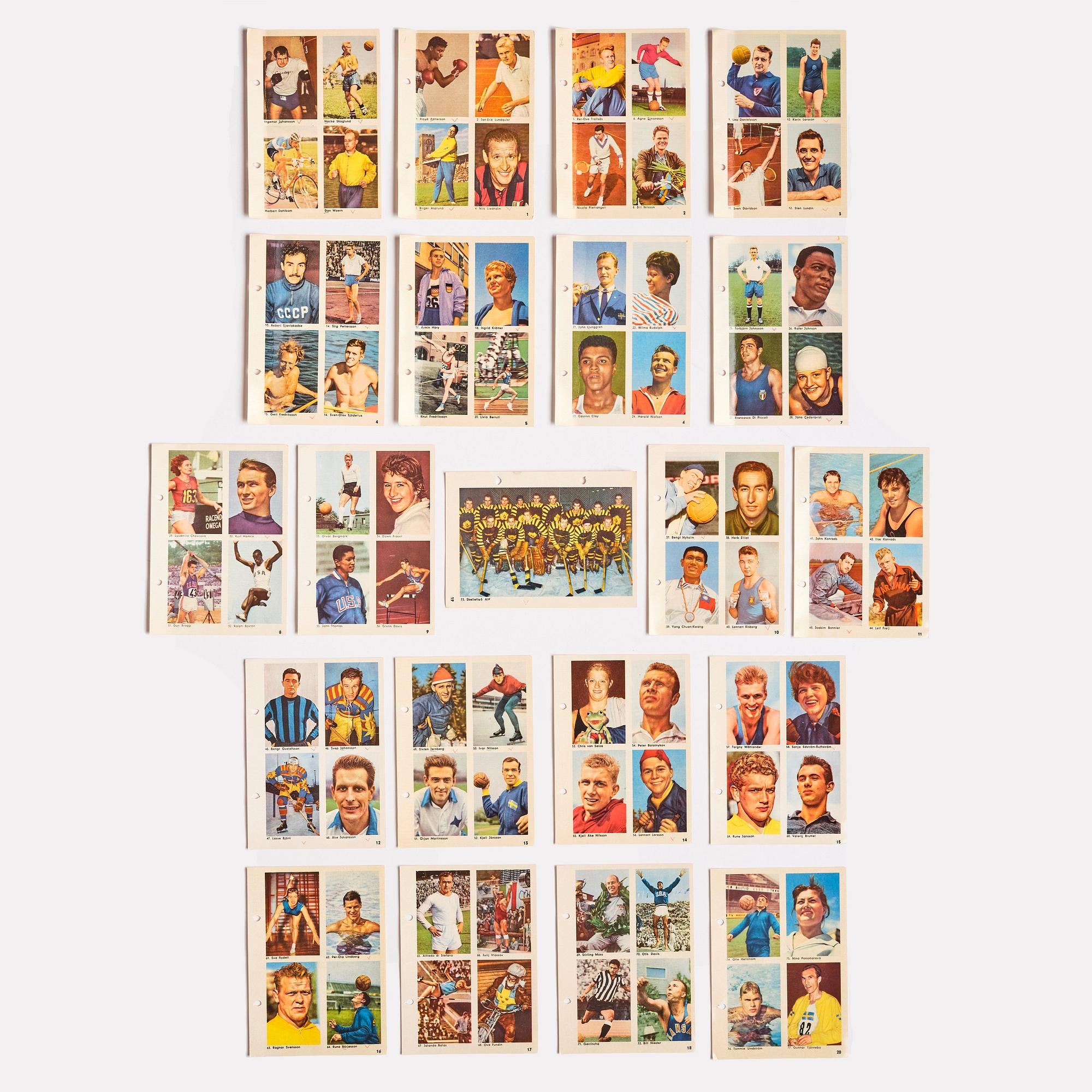 Idol cards, "Sportens stjärnor", including Cassius Clay, Nacka Skoglund and others, Hemmets Journal, 1960s.