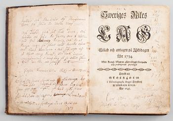 BOK: Sweriges Rikes Lag, 1734. Tryckt hos Ephraim Koch, Stockholm 1746.