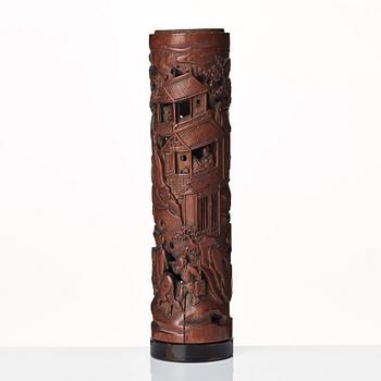 A carved cylindrical bambo parfumier, Qing dynasty, 19th Century.