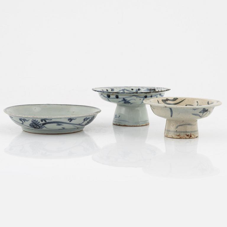 A shipwreck bowl, late Ming dynasty (1368-1644), and two bowls, South East Asia, around 1900.