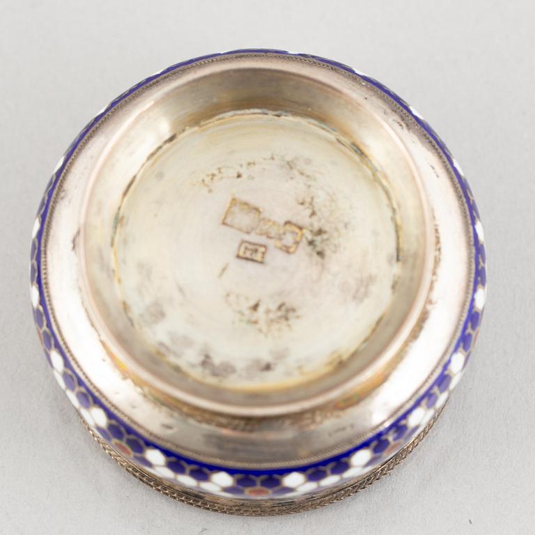 A Pair of Russian Silver and Enamel Salt Cellars, mark of Gustav Klingert, Moscow 1888.