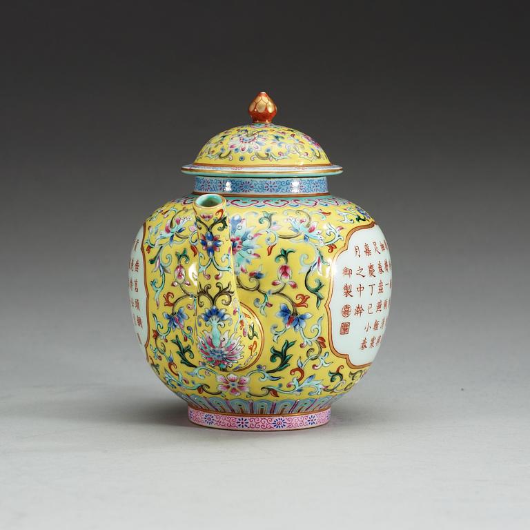 A yellow ground famille rose teapot and cover, presumably Republic with Jiaqings sealmark.