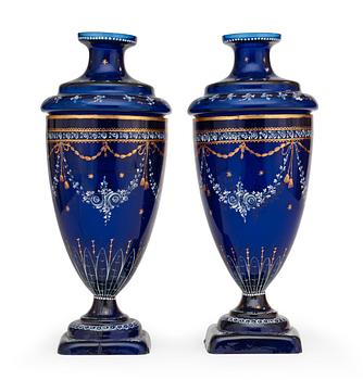 953. A pair of Russian blue glass vases with liners, circa 1900.