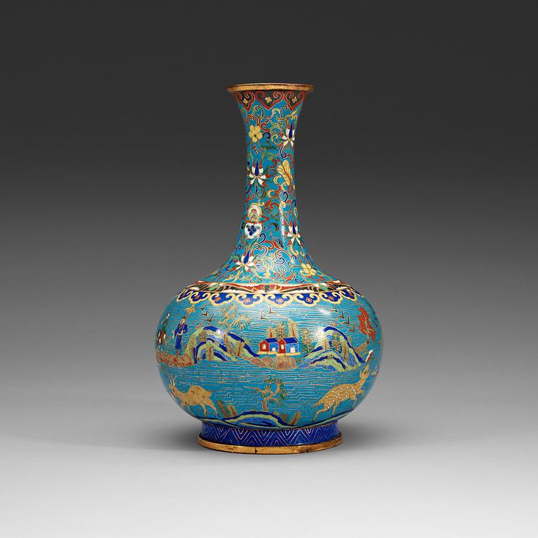 A Cloisonné vase decorated with figures and deers in landscape, Qing dynasty, 19th Century.