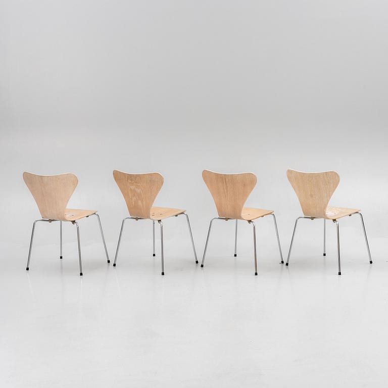 Arne Jacobsen, four "Seven" chairs, Fritz Hansen, Denmark.