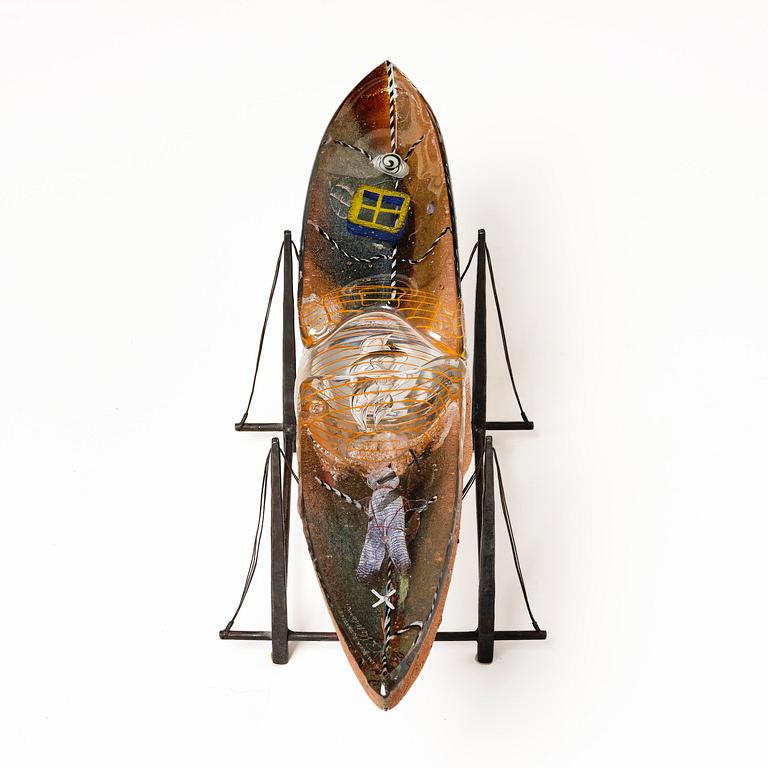 Bertil Vallien, a unique sand cast glass sculpture of a boat, Kosta Boda, Sweden, 1980s.